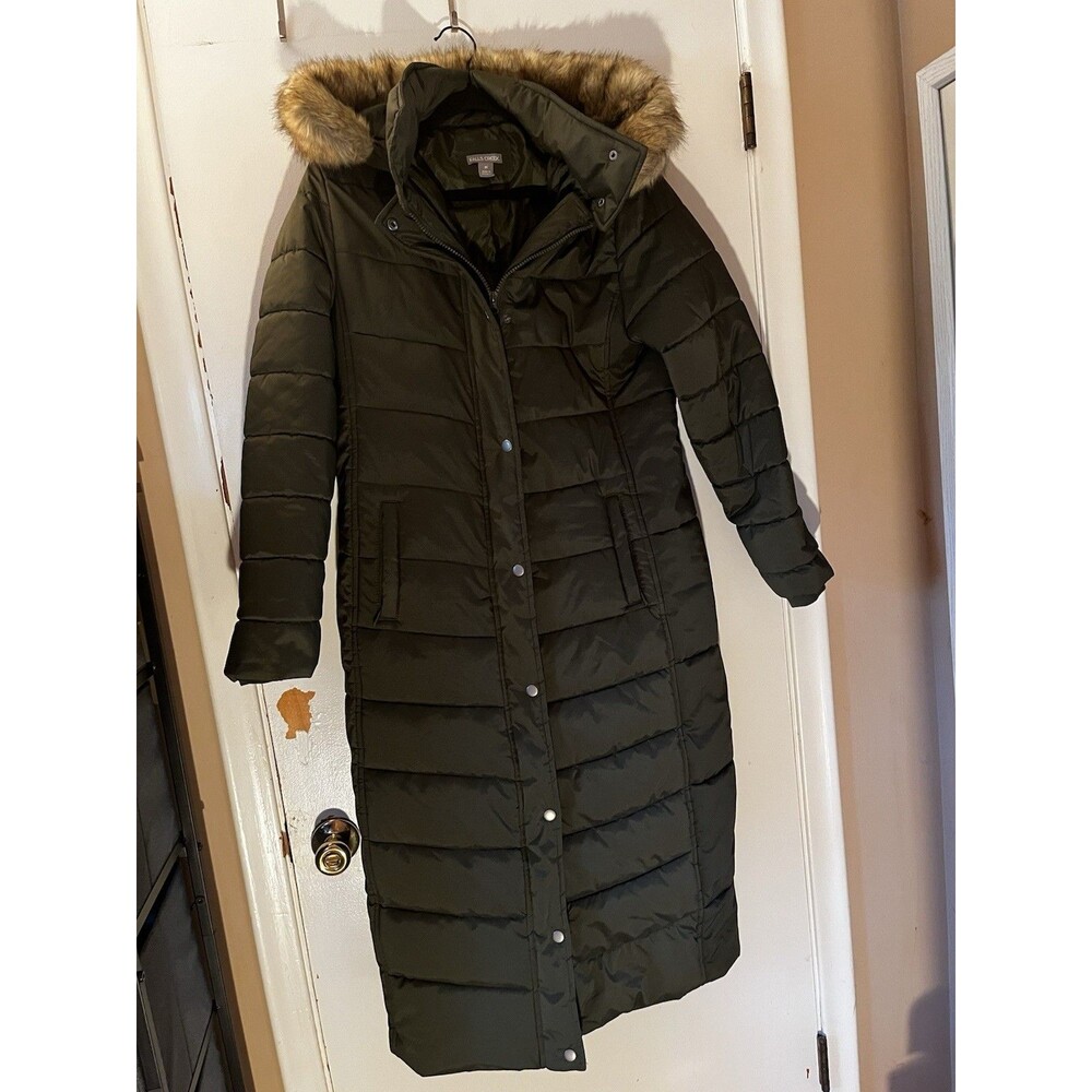 Falls Creek Women's Long Quilted Puffer Parka with Faux Fur Trim Hood - Size M